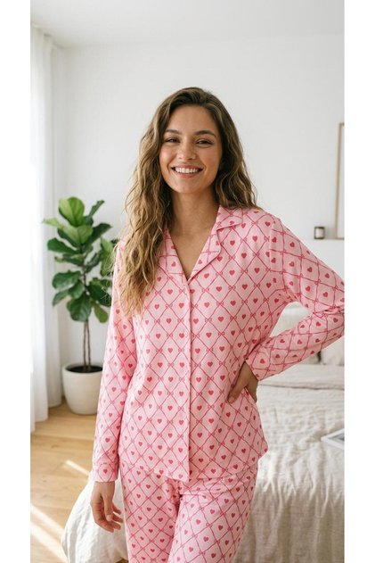 Women's Pink Bow Heart Patterned Soft Winter Pajama Set