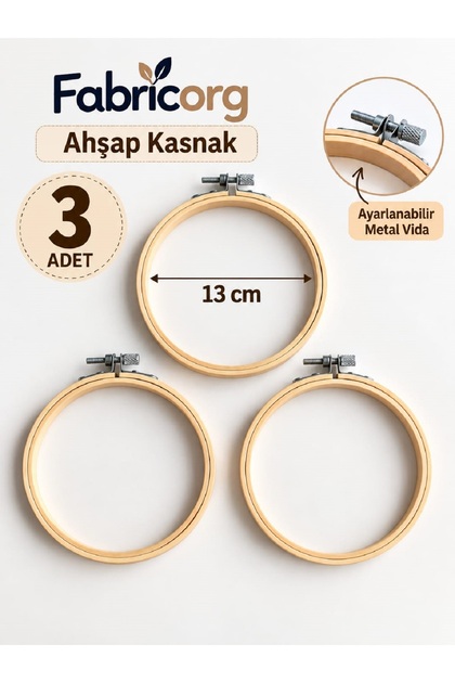3 Adet Ahşap / Bambu Vidalı Nakış Kasnağı ( 13 cm - İç Çap)