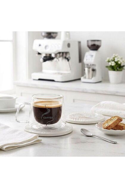 Crema Çift Cidarlı Cam Kahve Fincanı 180 ml – Coffee Baskılı Kulplu Isıya Dayanıklı Espresso ve Latte Bardağı