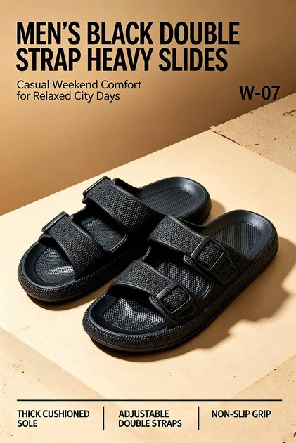 Men's Double Strap Slides – Adjustable Buckles with Thick Cushioned Sole & Non-Slip Grippy Outsole – Lightweight Comfort for Coastal City Days