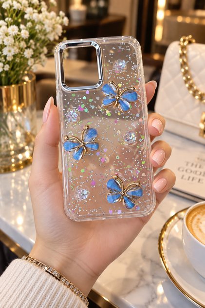 Oppo A6 Pro Kelebek Figürlü Çiçek Detaylı Simli Şeffaf Telefon Kılıfı