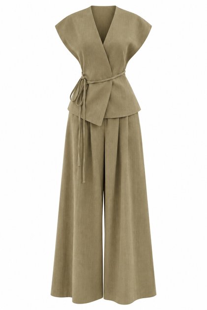 Khaki Rope Belted Linen Vest Set - 2Y8591