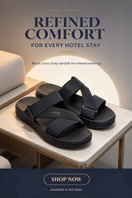 Men's Cross Strap Sandals – Wide Woven Texture Straps with Textured Footbed & Thick Sole – Cushioned Feel & Easy to Wear for Hotel & Casual Comfort