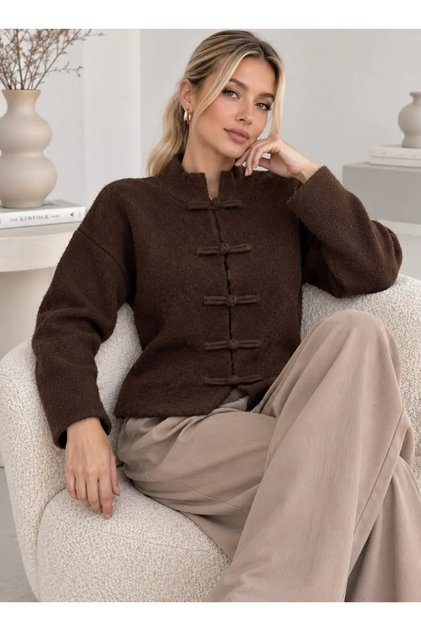Women's Judge Collar Chinese Buttoned Wide Cut Cardigan 8763