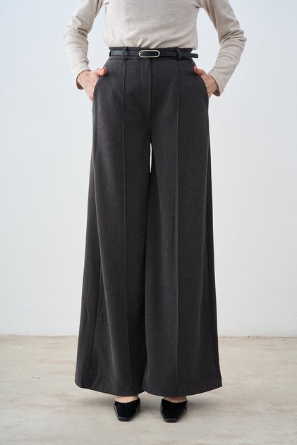 Double Pocket Belted Grass Detail Wide Leg Trousers Anthracite
