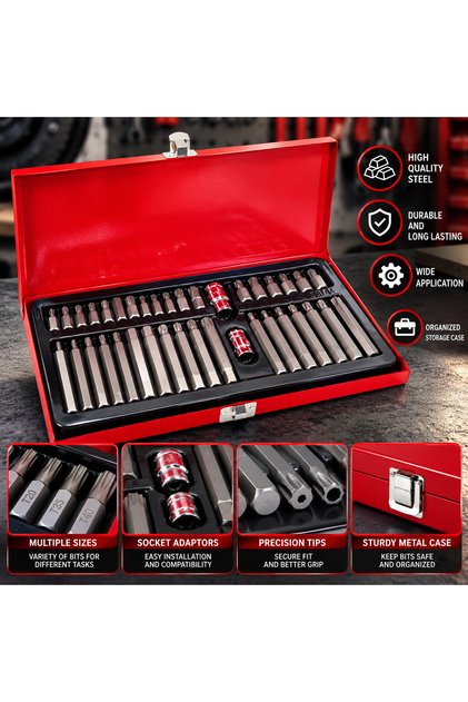 B4-D12140 40-Piece CR-V Bit Socket Set, 1/2 and 3/8 Inch Adapters, Torx, Multi-Tooth and Hex Bits, Automotive Repair, Maintenance and General Workshop Tool Set