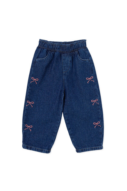 HelloBaby Kız Bebek Denim Pantolon Fiyonk Baskılı Düğmeli Lastikli
