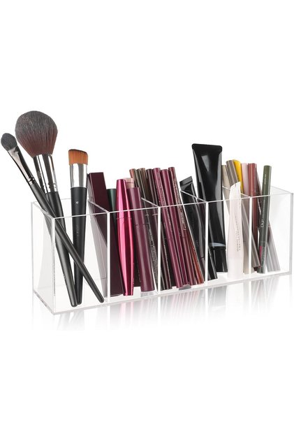 Brush Holder with 5 Compartments, Acrylic Brush Holder, Clear Makeup Organizer, Large Capacity, Divided Storage, Multifunctional Cosmetic Organizer for Brushes, Eyeliners, Lipstick