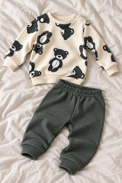 Baby Boy Set Teddy Bear Printed 2-Piece Set Long Sleeve Top and Bottom Seasonal Set
