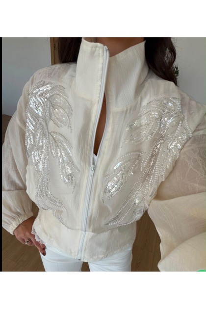 Fast Perry Women's Pearl Sequin and Bead Embroidered Zippered Raincoat Coat
