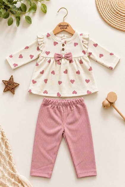 Baby girl heart patterned bow ruffled long sleeve top and bottom 2-piece set 3-6-9-12 months