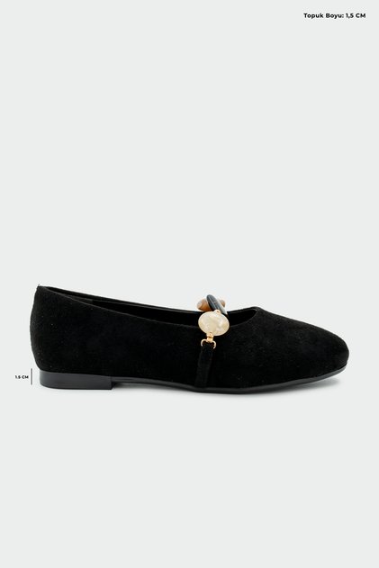 Retra Women's Flat Black Suede Ballerinas with Natural Stone Accessories