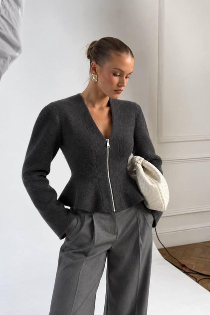 Valenne Peplum Triko Hırka – Kadın V Yaka Fermuarlı Fit Kesim Uzun Kollu Hırka