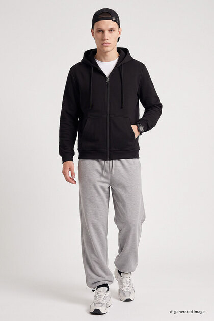 Black Standard Fit Basic Zippered Men's Sweatshirt - 88514