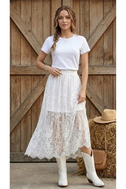 French Lace Skirt Midi Length with Elastic Waistband