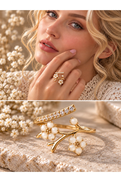 Adjustable Flower Branch Vintage Ring Women's Cream