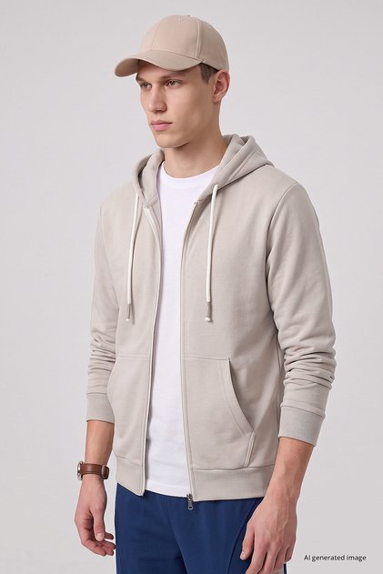 Beige Standard Fit Basic Zippered Men's Sweatshirt - 88514