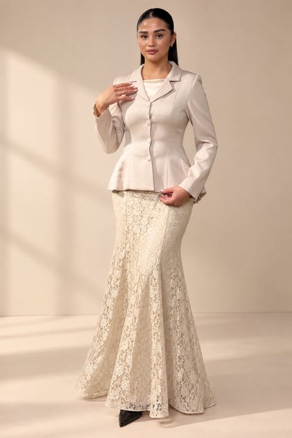 Women's Peplum Jacket Skirt Two-Piece Set - Tie Back Jacket and Lined Long Lace Skirt
