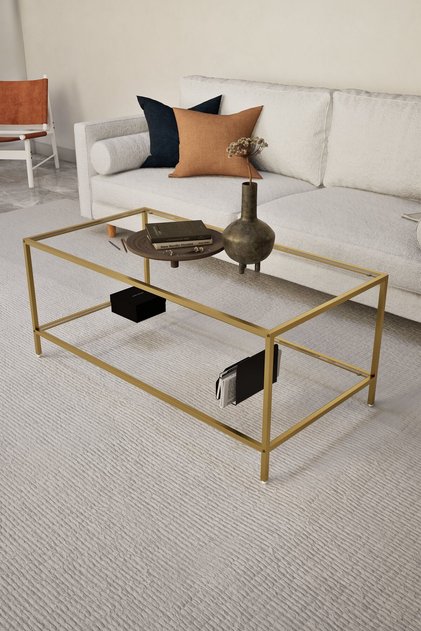Auris Gold Dikdörtgen Camlı Orta Sehpa 100x50 cm 2 Katlı Metal Ayaklı Modern Salon Sehpası