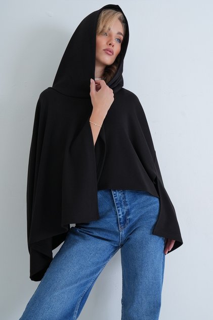 Women's Black Hooded Buttoned Unlined Cape Alc-X15927