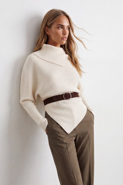 Women's Cream Bat Sleeve Turtleneck Asymmetrical Hem Tie-Up Sweater Alc-X15879
