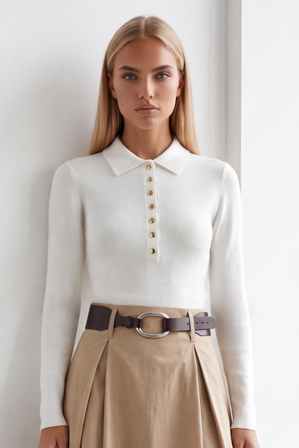 Women's ecru polo collar gold buttoned soft textured blouse alc-x15968