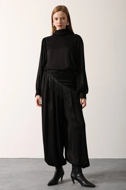 Women's Black Shawl Detailed Satin Blouse and Trousers Two-Piece Set