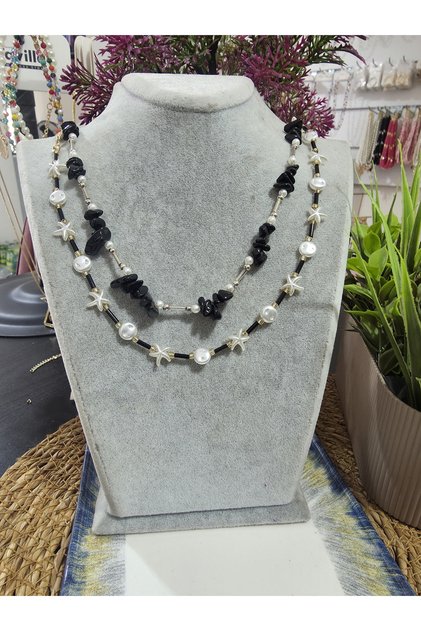 Double Natural Stone and Pearl Necklace