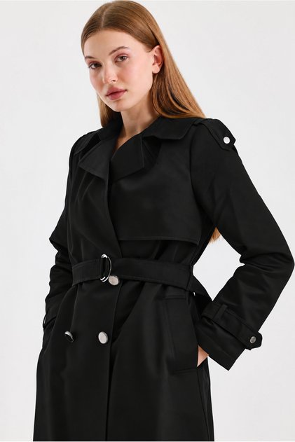 Trench Coat with Collar and Sleeve Epaulettes Black Trench Coat 13429