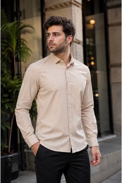 Slimfit Slim Fit Long Sleeve Folded Sleeve Linen Shirt