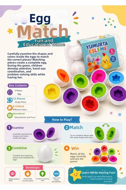 Egg Matching Game 6-Piece - 12 Pieces Color and Shape Matching Educational Children's Toy