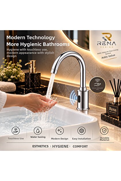 Chrome Sink Faucet with Photocell Sensor, Contactless Automatic Saving Water Modern Faucet Kuğu