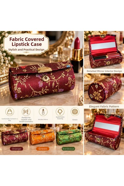 Mirrored Fabric Covered Lipstick Case – Patterned Portable Mini Makeup Box 9 cm