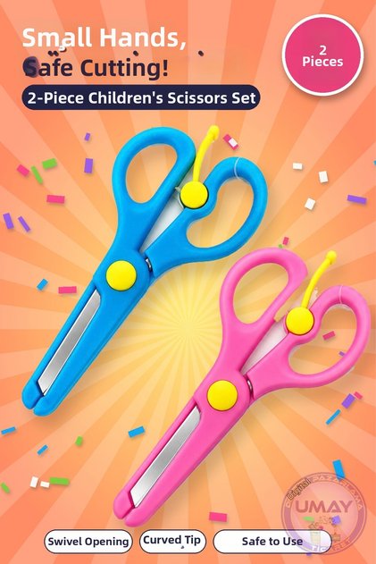 Set of 2 Children's Scissors |   Spring-Loaded Plastic Body Blunt Tip Safe School and Event Scissors