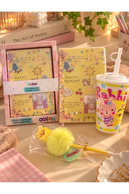 Happy Moment Weekly Planner Notebook with Water-Resistant Cover – Gift with Cup & Pompom Pen 🎁