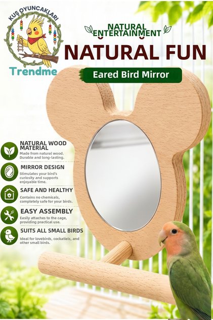 Trendme Natural Wooden Bird Mirror with Ears - Budgie, Lovebird, Etc.