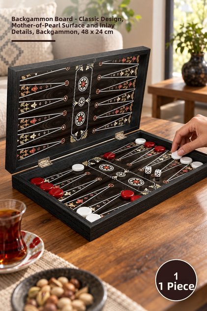 1 Piece Backgammon Board – Classic Design, Pearlescent Surface and Pearl Detailing, Backgammon, 48 X 24 cm