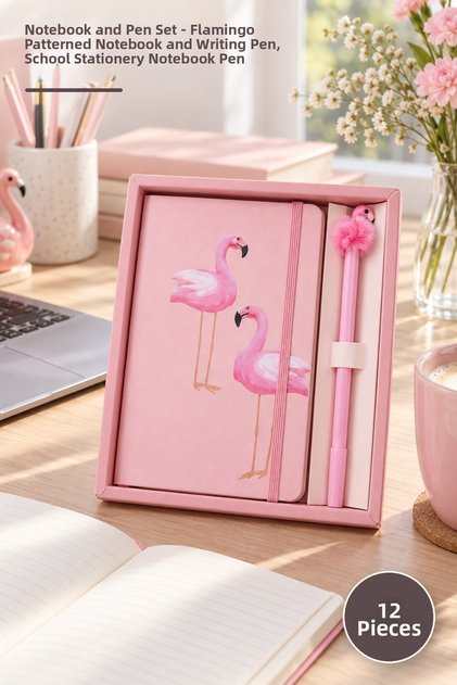 12 Piece Notebook and Pen Set – Flamingo Patterned Notepad and Writing Pen, School Stationery Notebook Pen