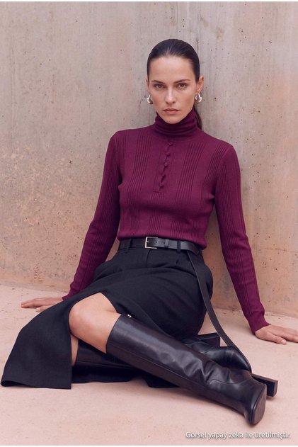 Trendyol Studio Mürdüm Transparan Görünümlü Premium İplik Triko Bluz TWOAW27BZ00314