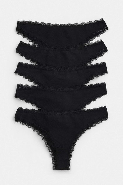 Schwarze 5er-Packung brasilianischer Strickhöschen aus Baumwollmischung mit Spitzendetails THMSS26KU00025