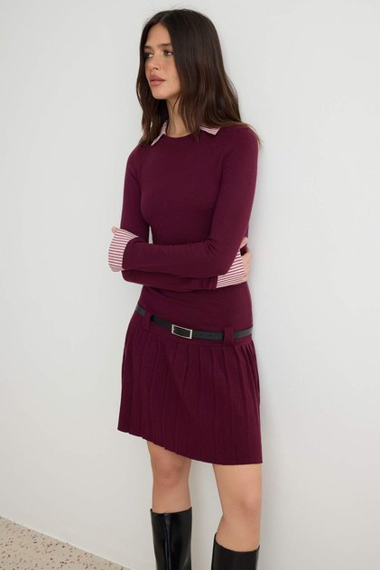 Bordo Renk Bloklu Kısa / Mini Dokuma Garnili Polo Yaka Triko Elbise TWOAW27EL00067