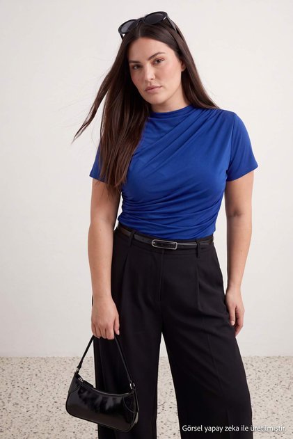 Cobalt Blue High Collar Gathered Sandy Knitted Plus Size Blouse Tbbaw26Af00053