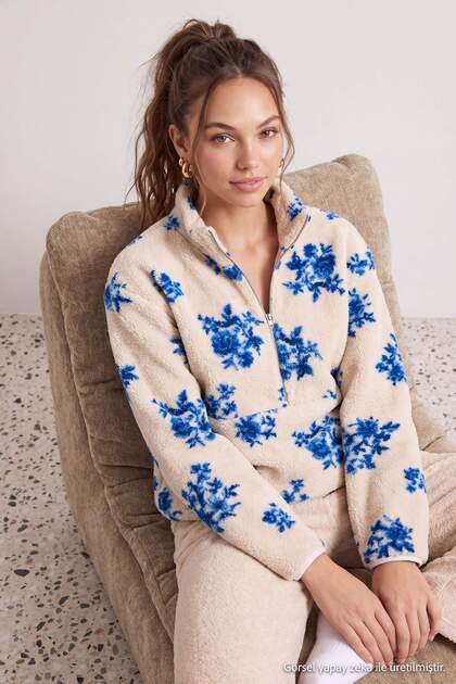 Vizon Çiçekli Wellsoft Fermuarlı Örme Pijama Takımı THMAW27PT00156
