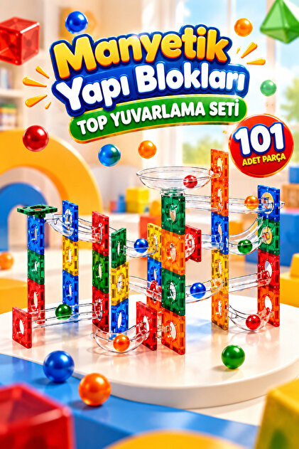 Manyetik Yapı Blokları –Top Yuvarlama Seti Çocuklar İçin Renkli 3 Boyutlu 101 Parça Manyetik Oyun