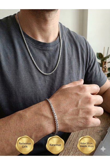 Men's Tarnish-Resistant Stainless Steel Mesh Model Chain Necklace and Bracelet Set