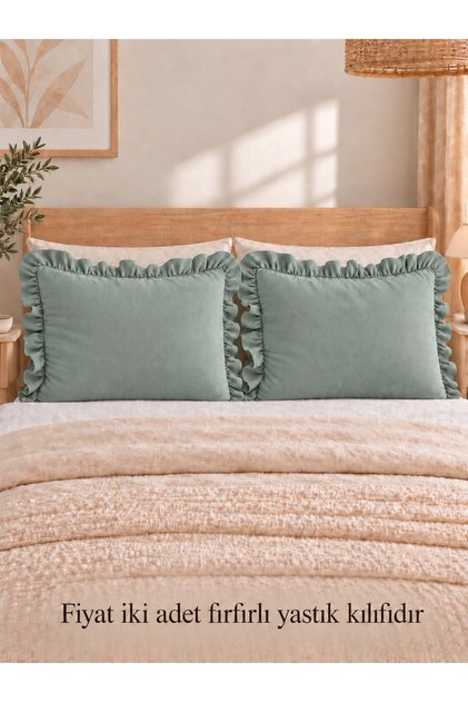 İnci Vintage 2 Pieces Sage Green Ruffled Pillowcase