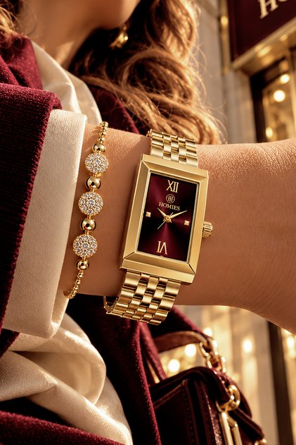 Premium Rectangular Case Women's Wristwatch Steel Band Japanese Movement Gift with Special Box Hmby2063C1