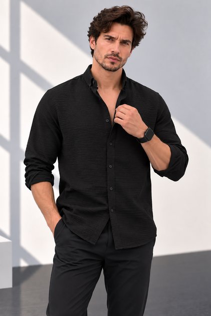 Men's Black Oversize Textured Aerobin Linen Look Shirt