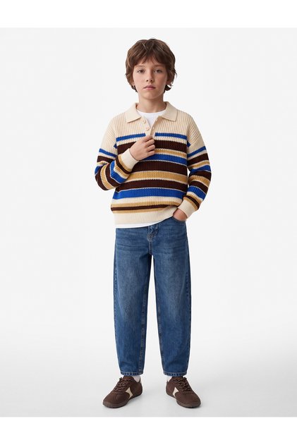 Buttoned Long Sleeve Loose Fit Polo Neck Striped Knitwear Sweater