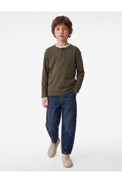 Buttoned Cotton Crew Neck Basic Long Sleeve T-Shirt